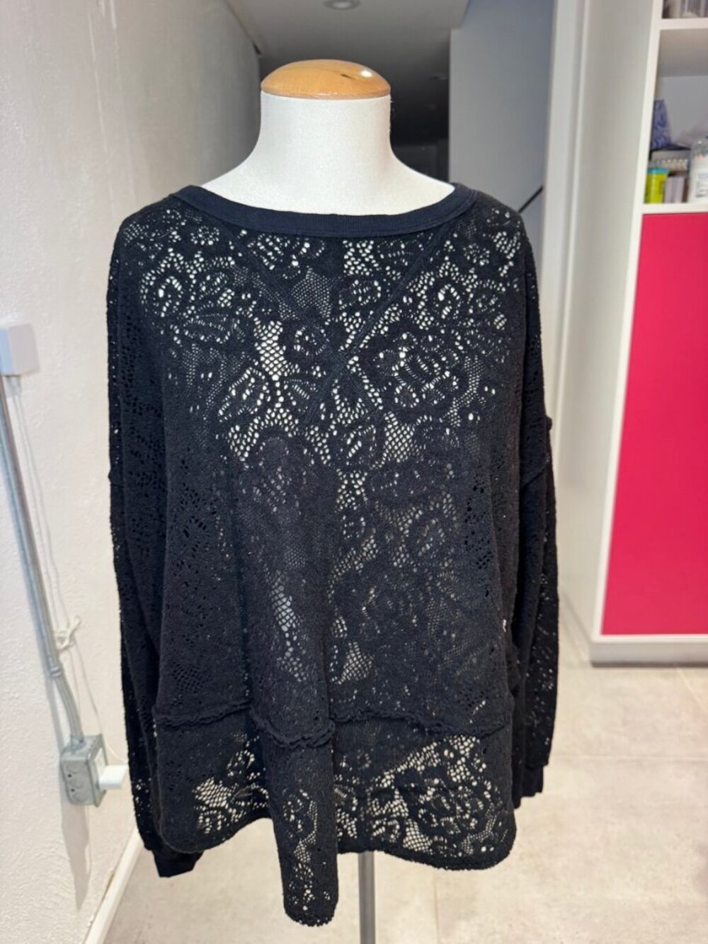 Free People Black Open Knit Pointelle Lace Top S